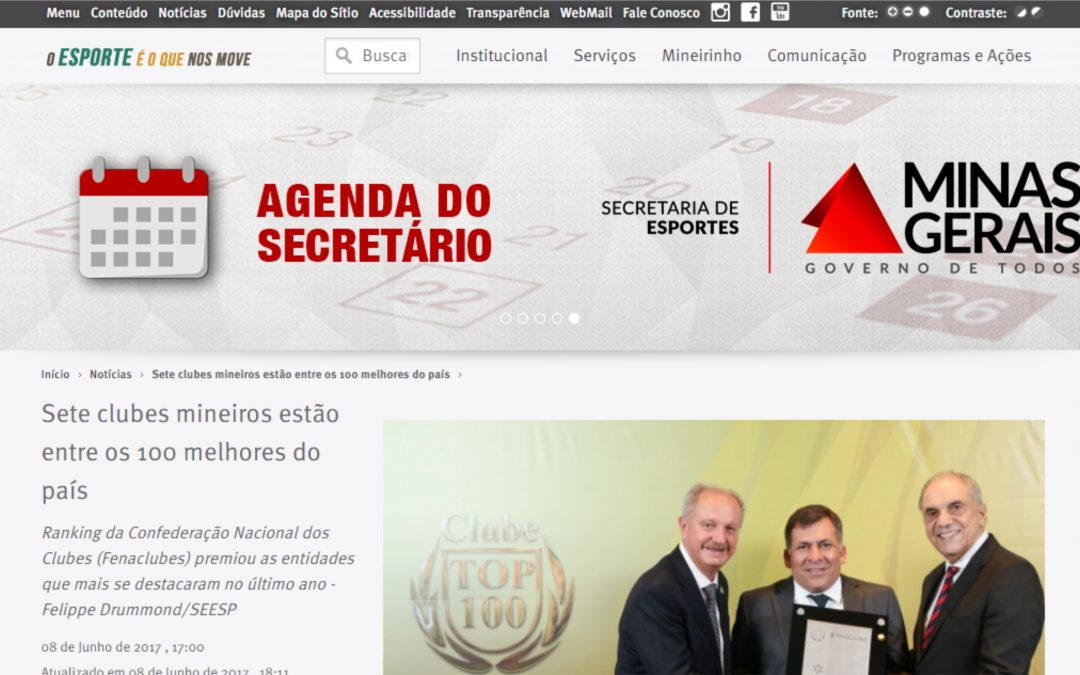 Secretaria de Esportes de MG destaca Prêmio Clube TOP 100 entregue pela FENACLUBES